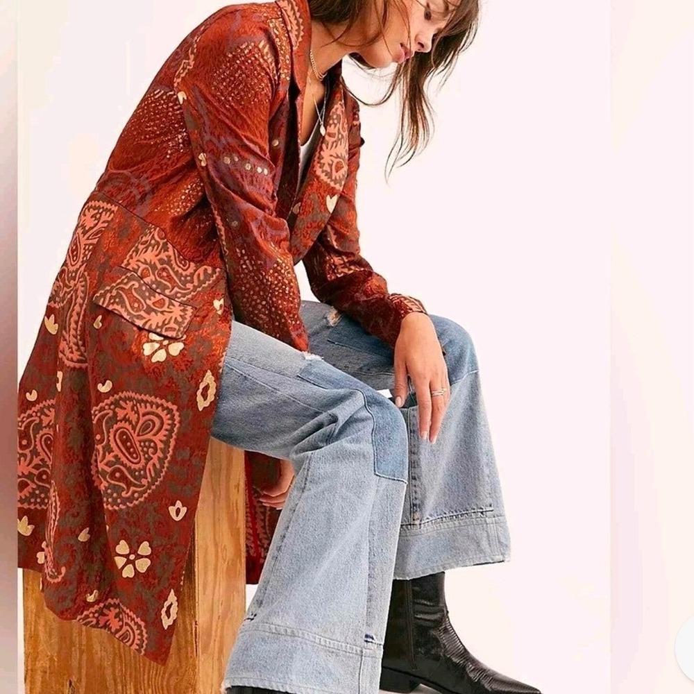 Free‎ People Terra Cotta Eye of the Wild Stamped Boho Jacket, size L